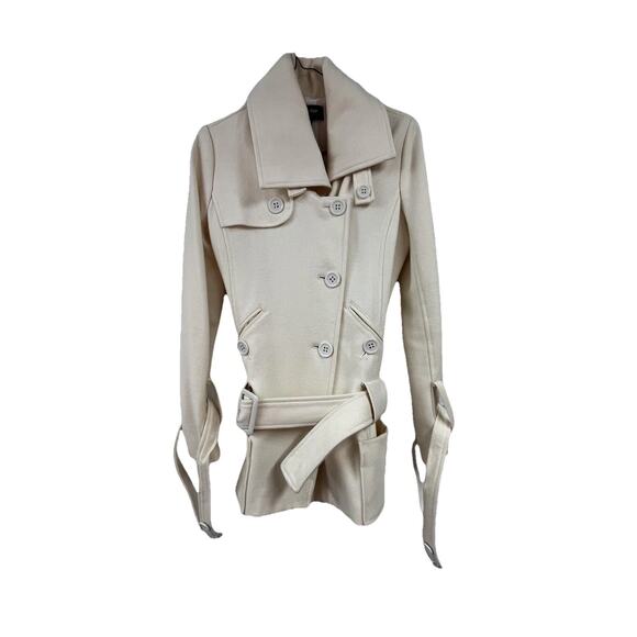 CoffeeShop Coat Womens XS Ivory Wool Blend Double Breasted Belted Peacoat Lined - Picture 1 of 11
